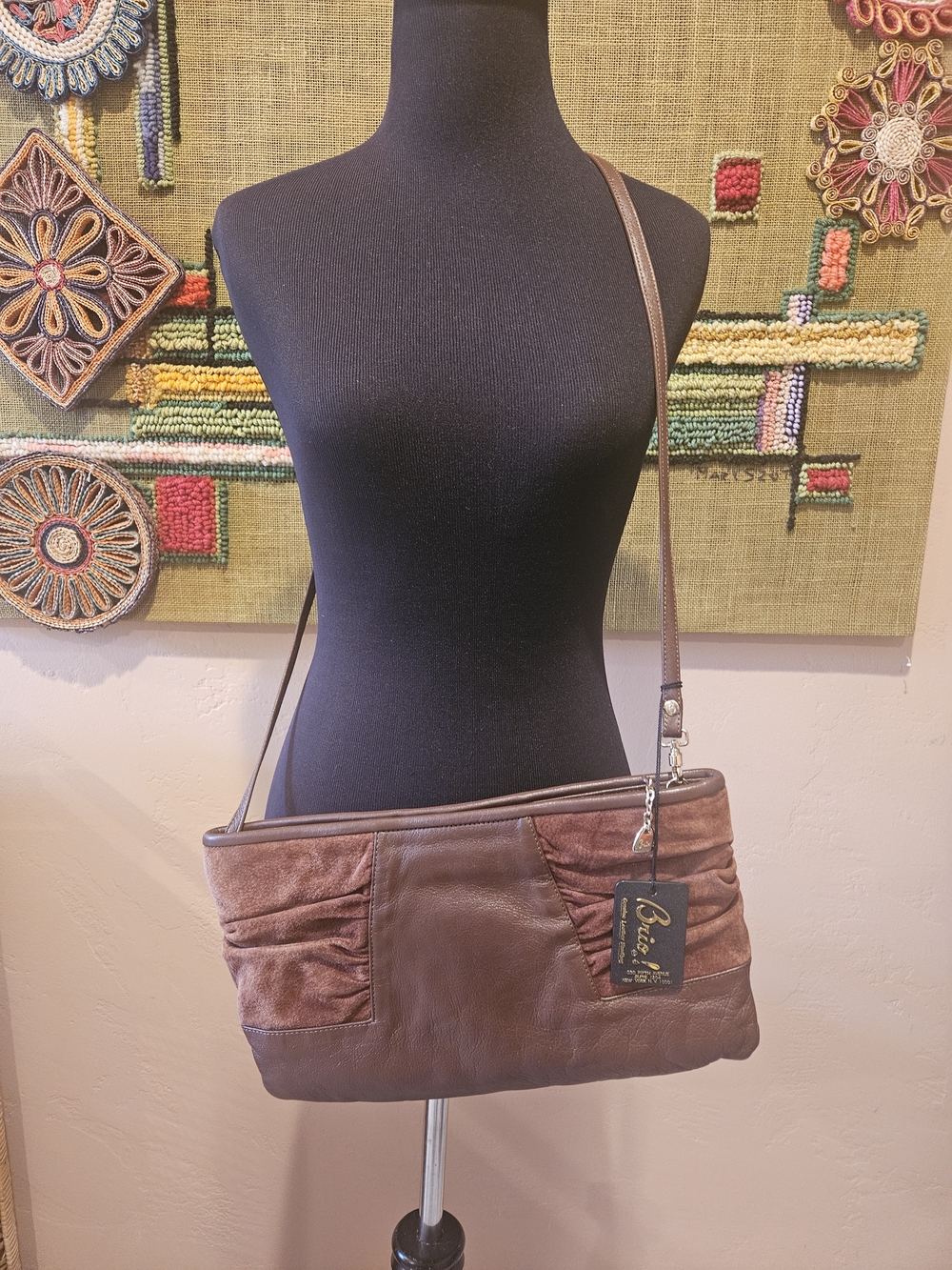 Vintage Deadstock BRIO Rich Brown Leather & Suede Shoulder Bag with Ruched Front